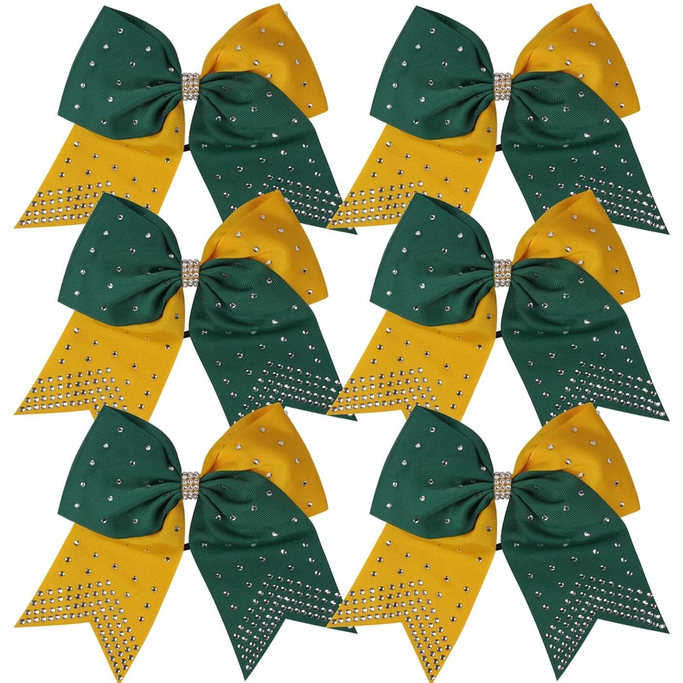 8 Inch 2 Colors Cheerleader Bows Ponytail Holder with Bling Fling Rhinestones Hair Tie Cheerleading Bows 6 Pcs Forest GreenYellow Gold