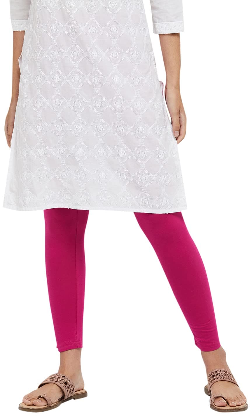 Max Women Solid Elasticated Regular Fit Mid Rise Leggings (Noosal21Rorose Pink)_XL
