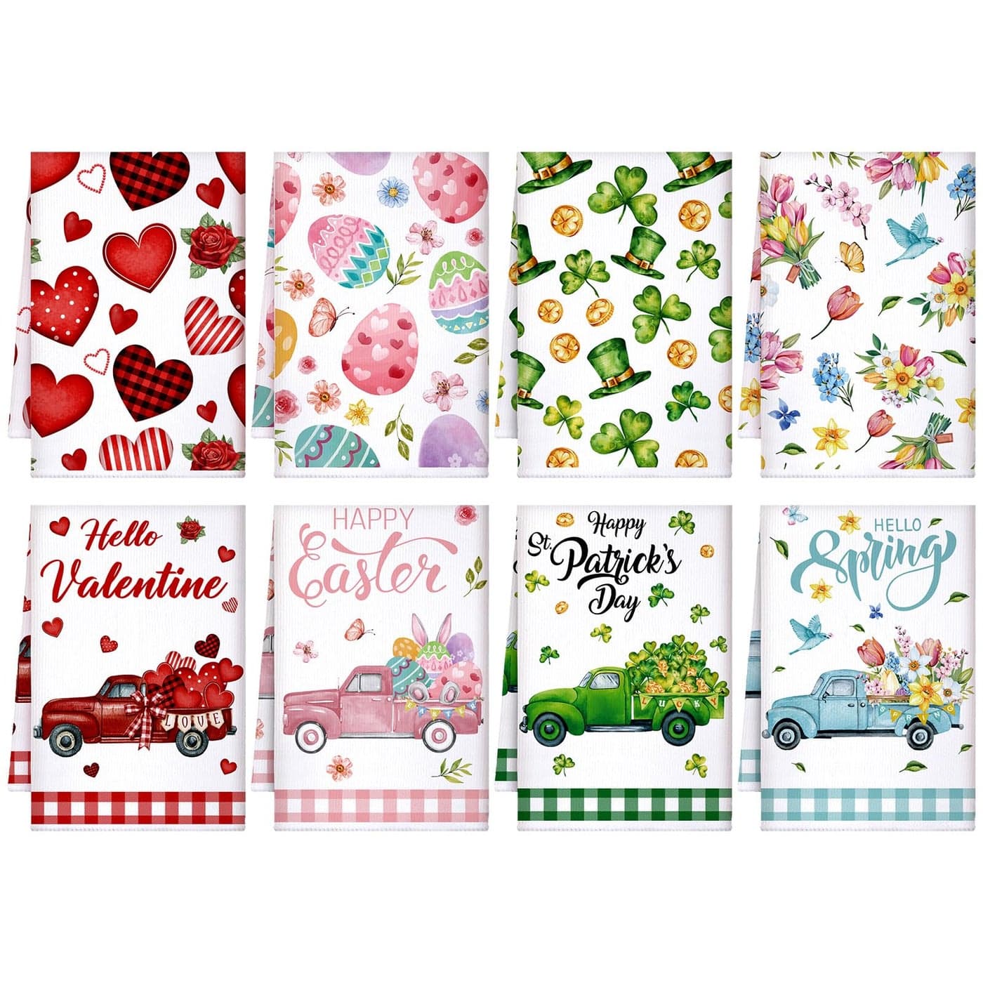 VitalCozy 8 Pcs Easter Spring St Patricks Day Valentines Day Kitchen Towels Decorative Set Holiday Truck Dish Towels Hand Dishcloths Wash Cloths 16 x 24 Inches