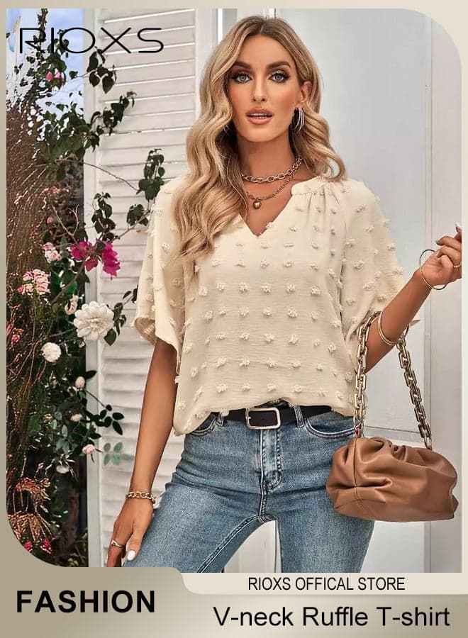 Women's V Neck Short Sleeve Swiss Dots Shirt, Casual Ruffle Sleeve Blouse for Ladies, Breathable Soft Dressy Tops, Summer Short Sleeve Shirts for Work, Travel, Dating, Daily Wear and More
