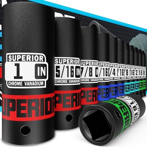 Aiourx 12 Piece 1/2" Drive Deep Impact Socket Set, 3/8" to 1", SAE, 6 points, CR-V Material, Cars, Motorcycles, Tire Changes