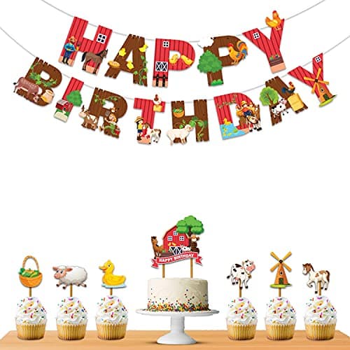 Festiko® Farm House Animal Happybirthday Theme Party Decoration Combo (8 Pcs), Farm House Animals Party Favors for Kids Birthday Decoration(Banner/Bunting, Cake Toppers,Cup Cake Topper,Ribbons)