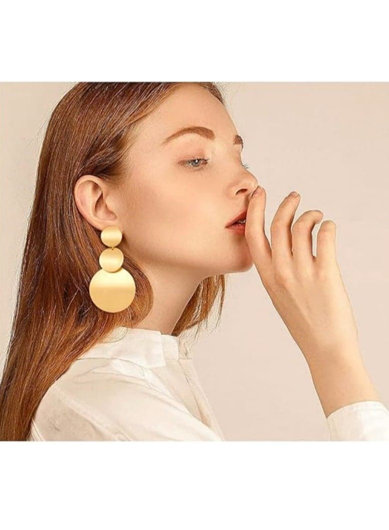 Women's Large Gold Disc Earrings – Triple-Layer Vintage Handmade Round Dangle Earrings, Stylish Minimalist Elegant Jewelry