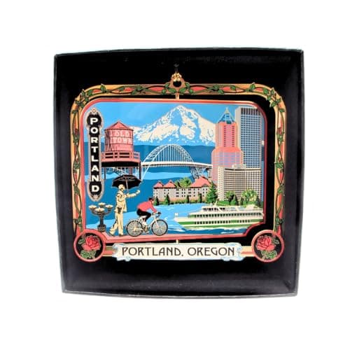 Portland Oregon Brass Ornament Black Leatherette Gift Box