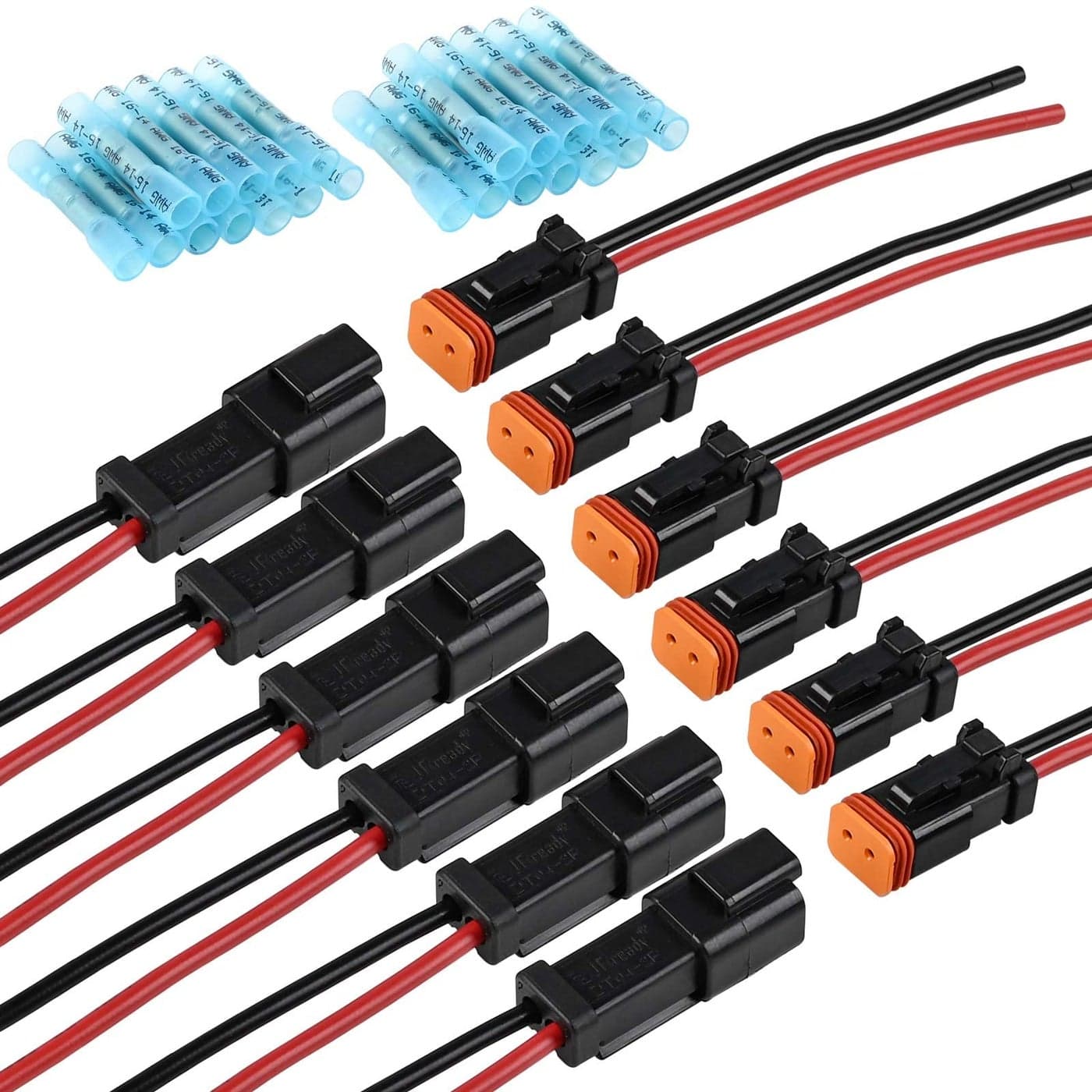 JRready 2 Pin Deutsch Connector Kit 2 Wire DT Pigtail Black 6 Sets ST9020 Car Waterproof IP67 Connectors with 24pcs Butt 14AWG UL1015 Thicker Wire Harness