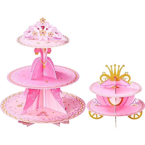 Zopeal 2 Pcs Princess Party Cupcake Stand 3 Tiers Castle Cupcake Stand Princess Birthday Dessert Tower for Wedding Birthday Baby Shower Supplies (Dress)