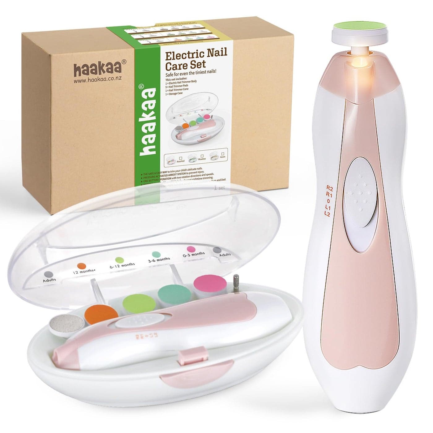 haakaa Baby Nail Trimmer Electric Safe Baby Nail Clippers Baby Nail File Kit Manicure Set, Trim Polish Grooming kit for Newborn Toddler or Adults Toes Fingernails, 6 Grinding Heads and LED Light