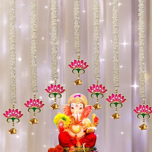 RR Crafts Lotus Bells Pink Off-White Flower Hangings – Pooja Room & Mandir Decoration, Door Hanging, Diwali Decoration Items, Long Length Lotus Decor (Set of 7 Pcs)