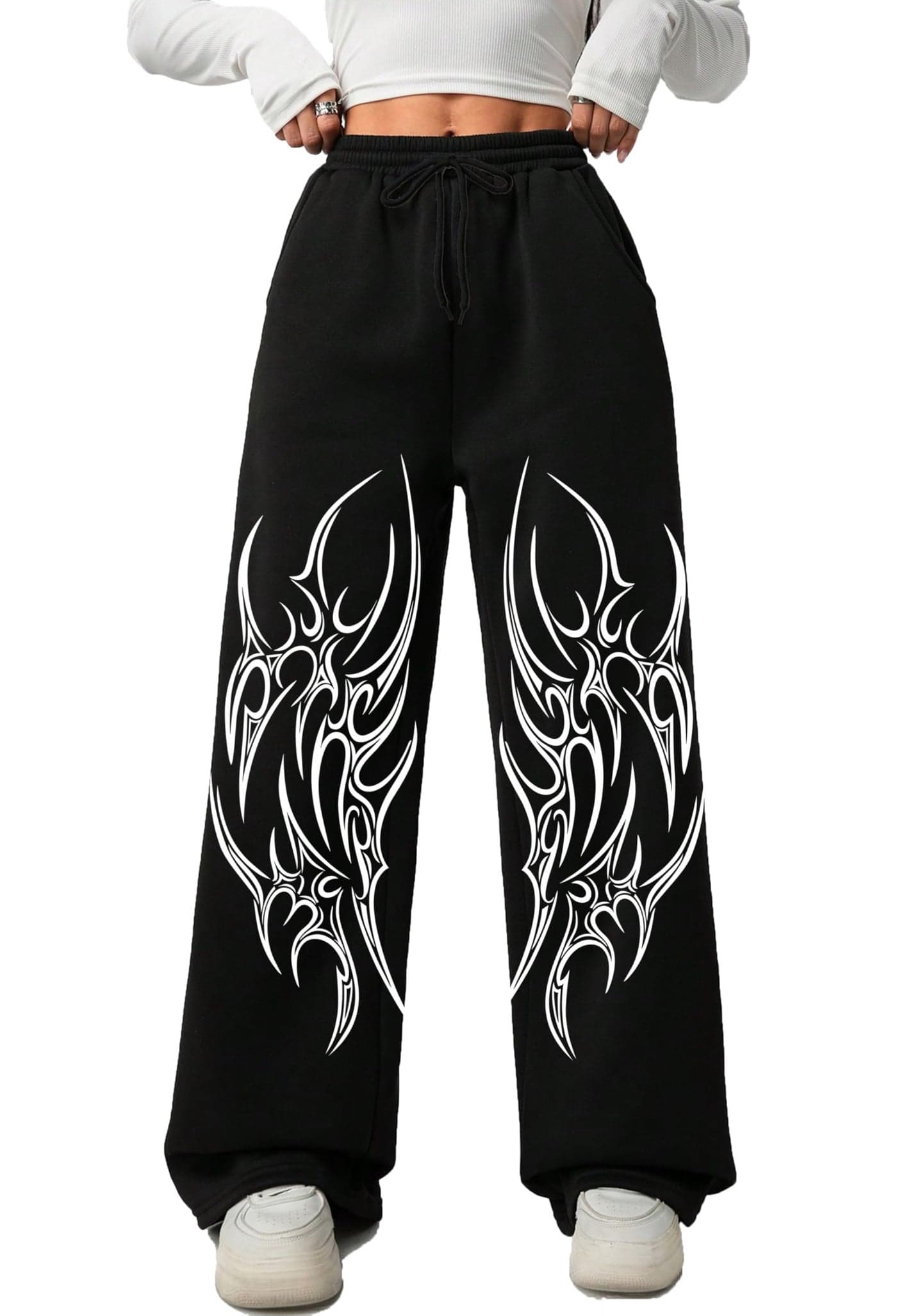 LOCAVESTIR Girls Graphic Print Baggy Pants | High Waist Loose Fit Wide Leg Track Pants for Kids | Street Style Bottomwear, Black, 12-13 Years