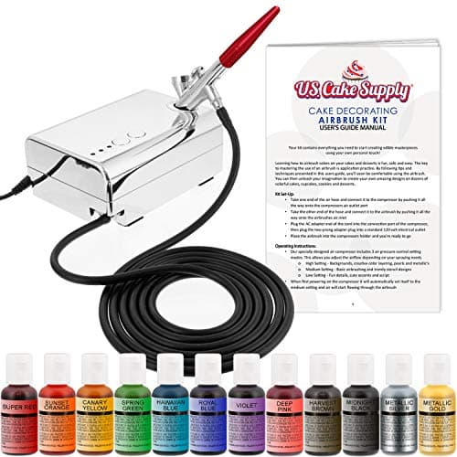US Cake Supply Complete Cake Airbrush Decorating Kit with 12 Vibrant Food Colors Air Brush for Cake Decoration Cupcakes Cookies Desserts