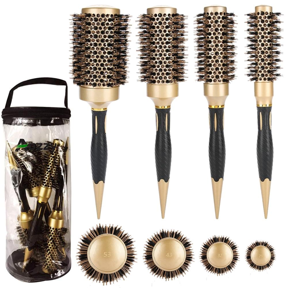 Aozzy Hair Brush Round Brush Set for Blow Drying Professional Boar Bristle Hair Styling Brush NanothermicIon Technology Vented Ceramic Barrel for Women 4 Size Options Golden