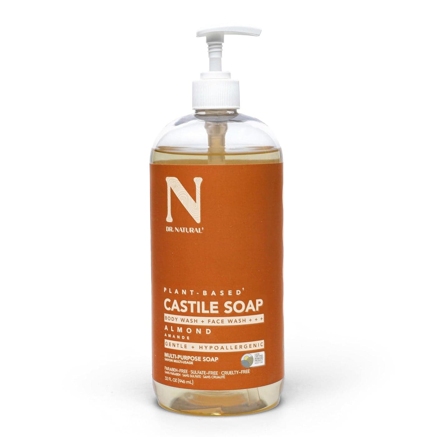 Dr Natural Castile Liquid Soap MultiUse Body Wash Shampoo and Face Wash Hydrating Body Soap for Skin Hair Pets and Home Almond 32 oz