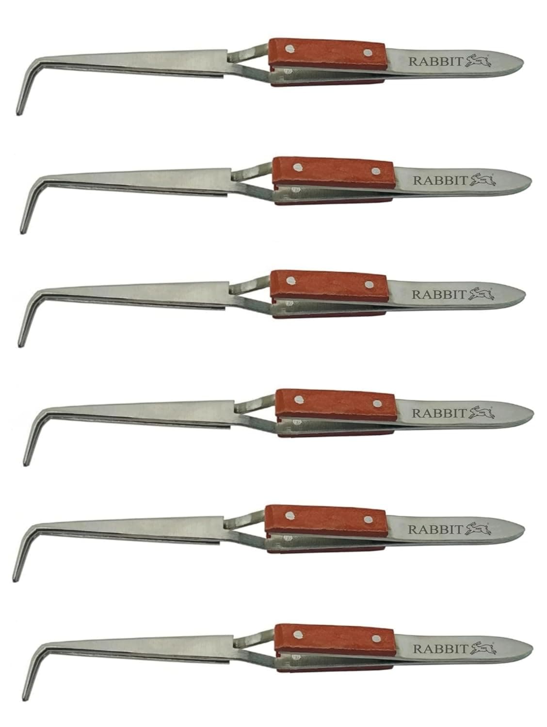 RABBIT Cross Lock Soldering Tweezers with Fiber Grip Wooden Handle Precision PickUp Tool Easy Grip Tweezers Jewellery Soldering Tweezer 90 Degree Bent Pack of 6pcs