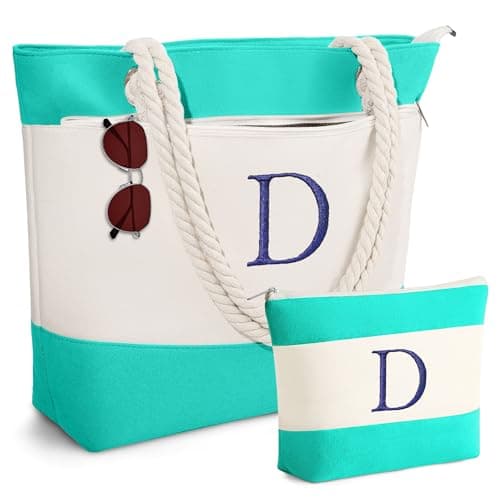 YOOLIFE Beach Bag for Women - Monogram Initial Personalized Canvas Tote with Makeup Bag, Waterproof Sandproof Travel Essentials Gifts for Women Friends Female Sister Mom Birthday Gifts Idea Letter D