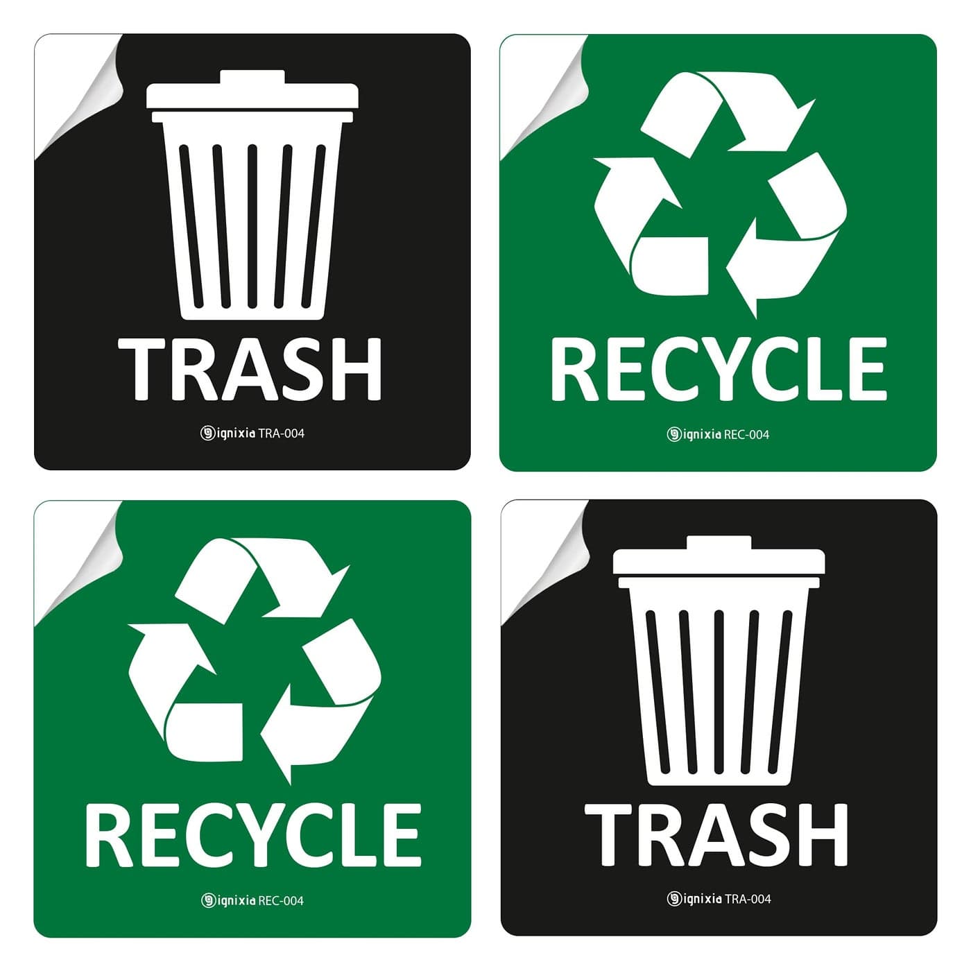 IGNIXIA Pack of 04 Recycle and Trash Sign Decals self Adhesive Recycling Stickers Recycle and Trash Sticker for Trash can with Over Lamination Recycle Label Black Green 5 X 5 Inches Square