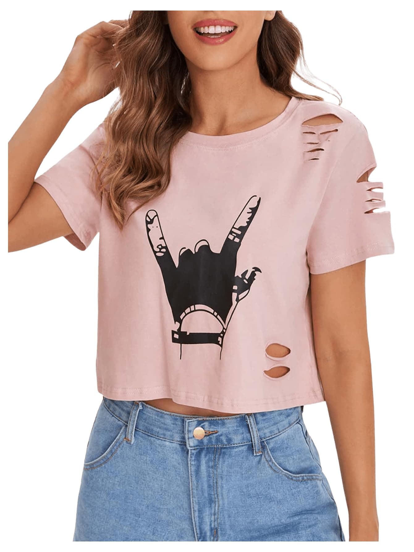 SweatyRocks Women's Short Sleeve T Shirt Graphic Print Distressed Crop Top Gesture Light Pink Medium