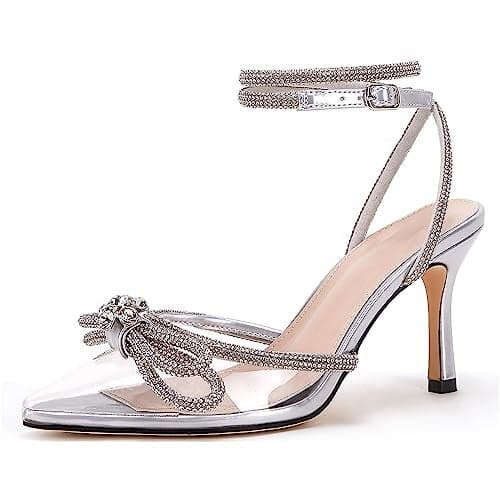 VETASTE Women's Double Bow Pointed Toe Ankle Strap Crystal Pumps Wedding Bridal Party Stilettos Backless Satin Heeled Sandals,Transparent, Size 7