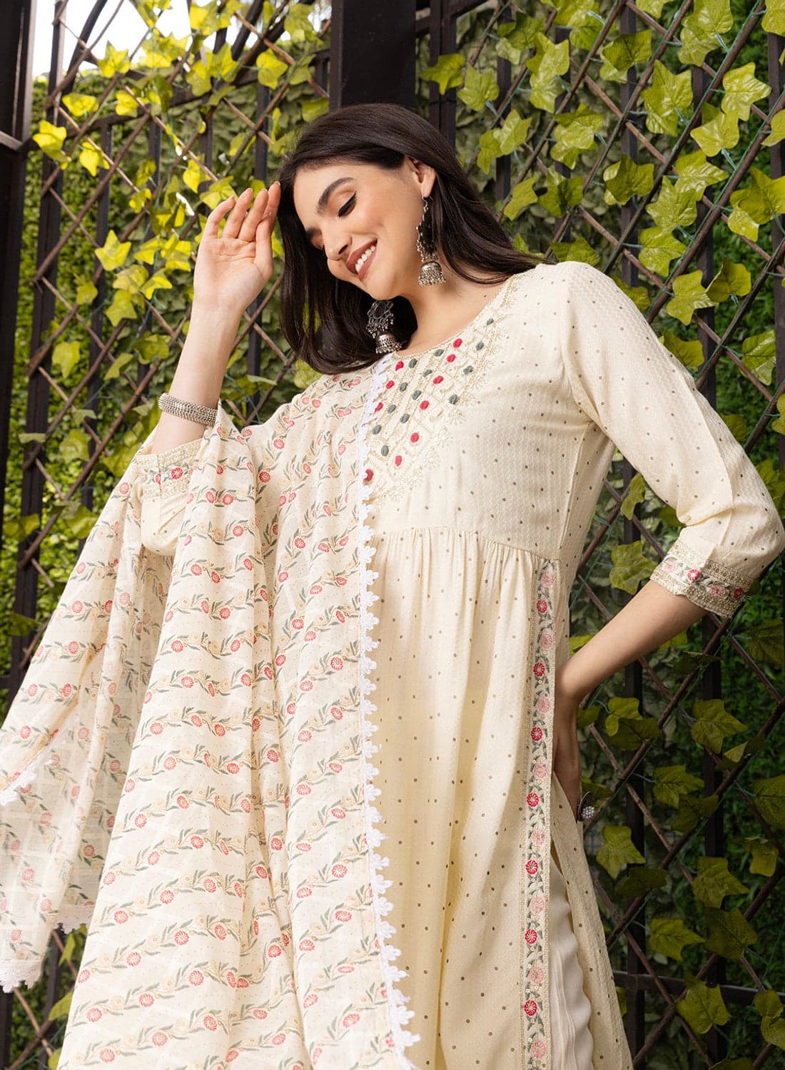 Zari Embroidered Sequin Embellished A-Line Kurta With Pants And Dupatta