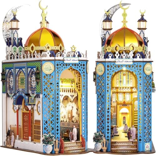 DIY Book Nook Kit 3D Wooden Puzzle Mosque Miniature Booknook Bookend Bookshelf Decor with LED Light The Tiny House for Adults Teen Dollhouse Kit Mosque