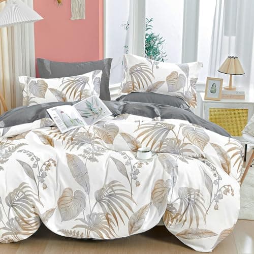 ALEISSEL Natural Cotton 3pcs Floral Comforter Sets King SizeGray Comforter with Luxurious Brown Branches and Taupe Gray Leaves on White Reversible Lightweight Bedding SetsKing 10490