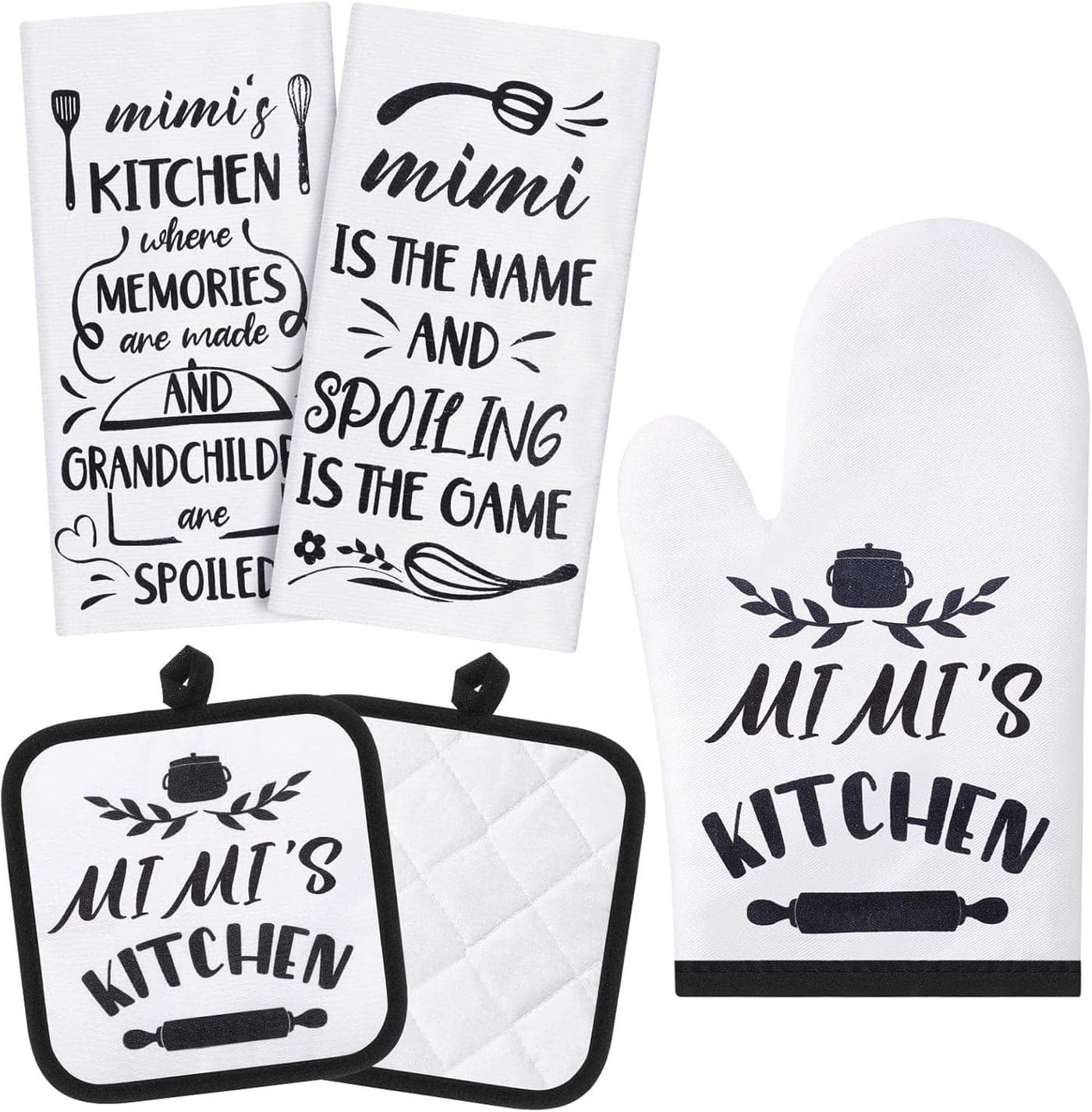 5 Pcs Mimi Gift Kitchen Set for Christmas Housewarming Birthdays Party Includes 2 Microfiber Dish Towels2 Oven Pads 1 Oven Mitt Mimi Style