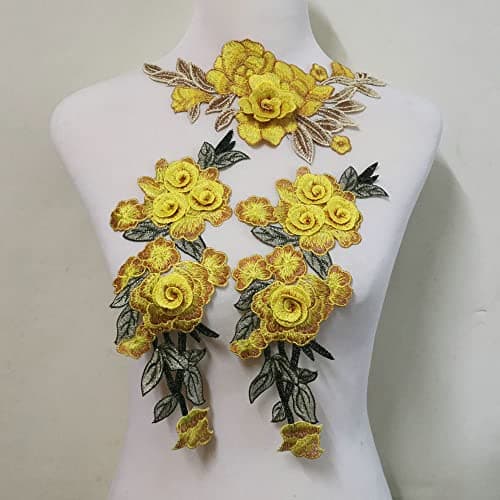 3 Pcs Beautiful Yellow Rose Flower Floral Collar Sew Patch Applique Badge Embroidery Dress Handmade Craft Ornament Fabric(Color G)