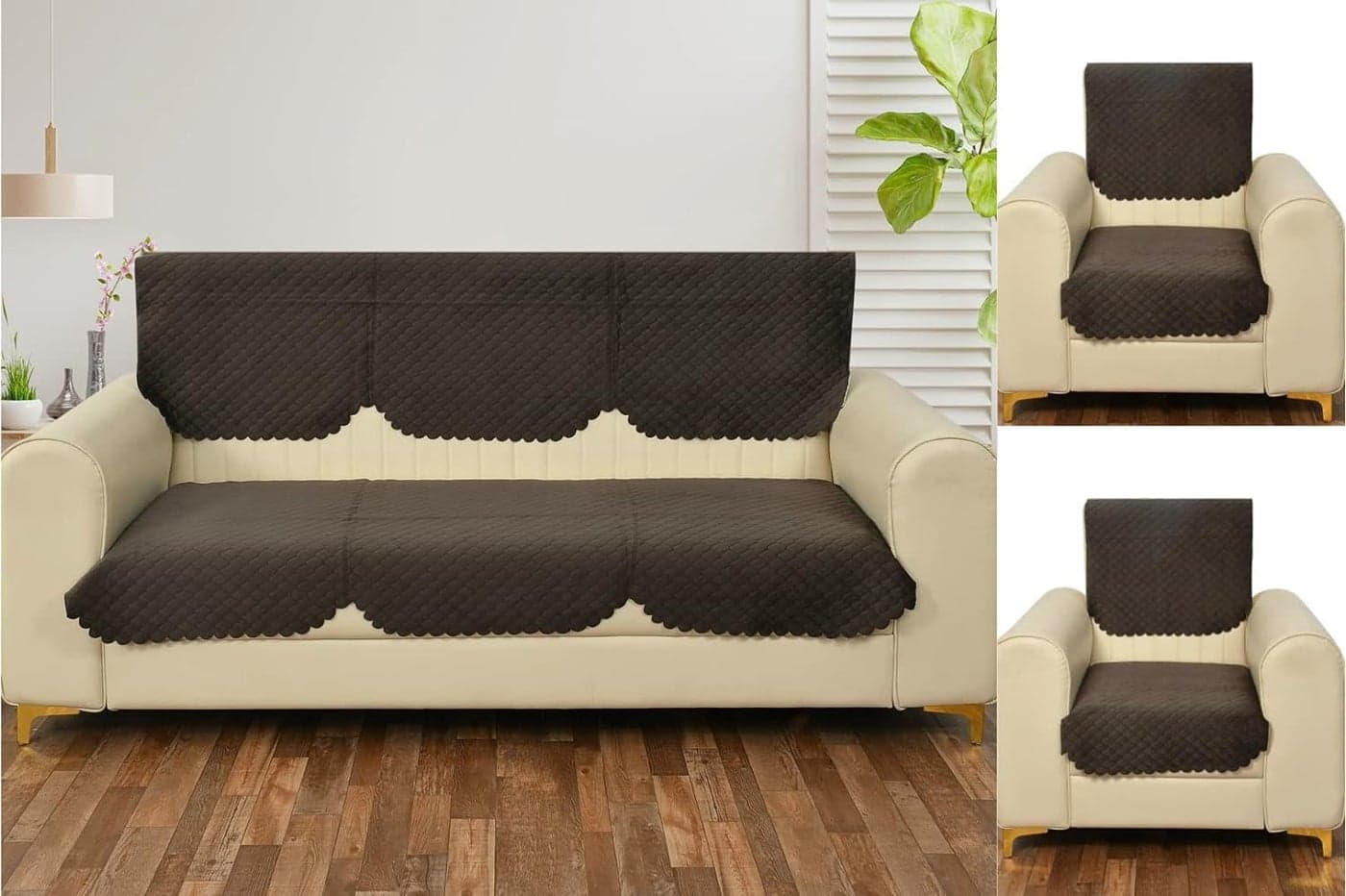 Castiqa Velvet Fabric Quilted Design Sofa Covers Set, Seat and Back Cover (Brown, 5 Seater)