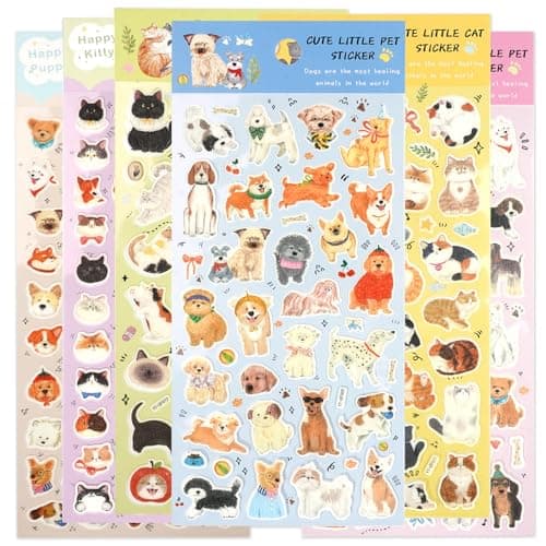 Jactales Cute Cat Dog Washi Stickers 200 Kawaii Kitties Puppy Pet Sticker6 Small Sheets Value Pack for Adults Scrapbooking Journaling Bullet Journal Planner Stationery Decor