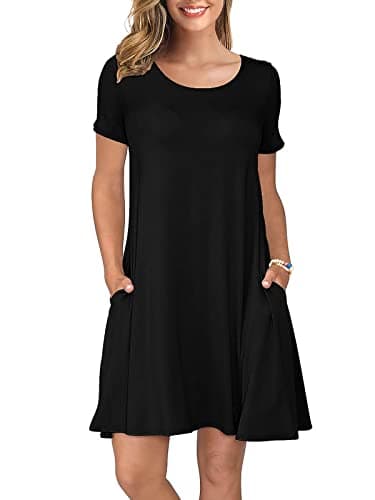 KORSIS Summer Dresses for Women Black XXL-Large Casual T Shirt Dresses Short Sleeve Swing Flowy Ladies Midi Beach Basic Sundress with Pockets