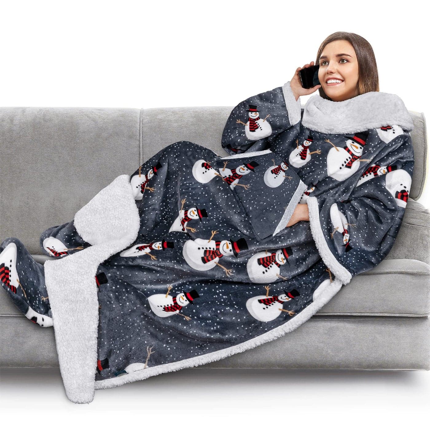PAVILIA Sherpa Blanket with Sleeves Foot Pocket for Women Men Adults Thick Wearable Blanket Throw Wrap Fleece Warm Snuggle Blanket Robe Cozy Gift Ideas Wife Mom Snowman Gray