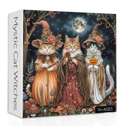 Cat Puzzles for Adults 1000 Pieces Fantasy Witch Cats with Flowers Jigsaw Puzzle Fall Magic Pumpkin Kitten Animal Puzzle