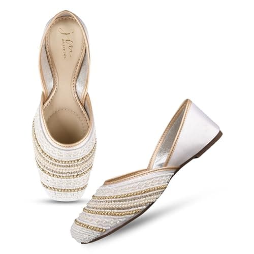 JM LOOKS Stylish Embroidered Jutti for Women/Girls | Embellished Stone Work Jutti | Wedding Bellies | Women Ethnic Shoe Traditional Mojari | Kolhapuri/Jaipuri/Punjabi Jutties | (White, 38)