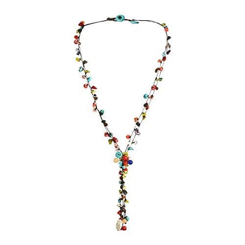 AeraVida Handcrafted Multistrand Statement Necklace with Colorful Cluster Stones | 24 Inch Cotton Rope Strand Necklace with Coral Howlite Turquoise & Quartz | Handmade Boho Summer Jewelry for Women | Layered Necklace