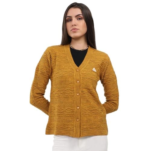 Monte Carlo Women Regular Fit Self Design V Neck Button Closure Full Sleeve Winter Cardigan|Cozy and Stylish Knitted Design | Sweater for Ladies | Cardigans Sweater for Women's Mustard L(Pack_1)