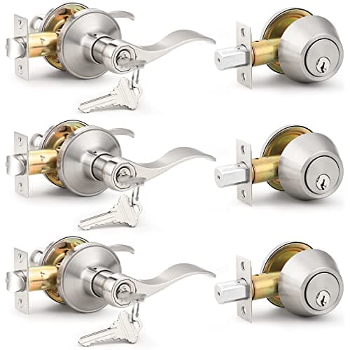 Probrico 3 Pack-Entry Door Lever and Deadbolt Lock Set, handleset with Single Cylinder Deadbolt Keyed Alike Combo Pack, Reveriable-Right or Left Handed, Entry Door Lever Exterior and Interior