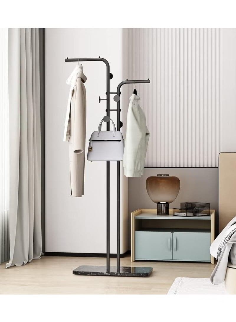 Dual L-Shaped Metal Double-pole Coat Racks Metal Clothing Rack with 5 Hooks and Marble Base Modern Coat Hanger Stand for Entryway Living Room Bedroom Office