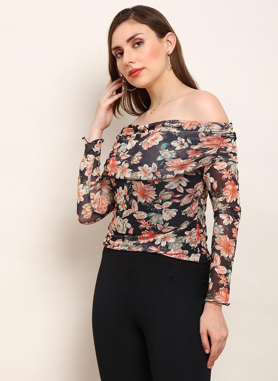 Globus Women Black Floral Off Shoulder Long Sleeve Ruched Party Top