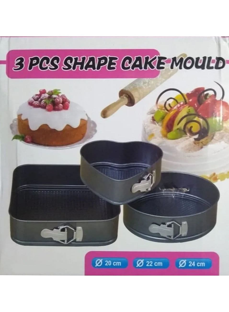 3 Pieces Non Stick Removable Bottom Round Heart Square Shape Cake Mold Set Black