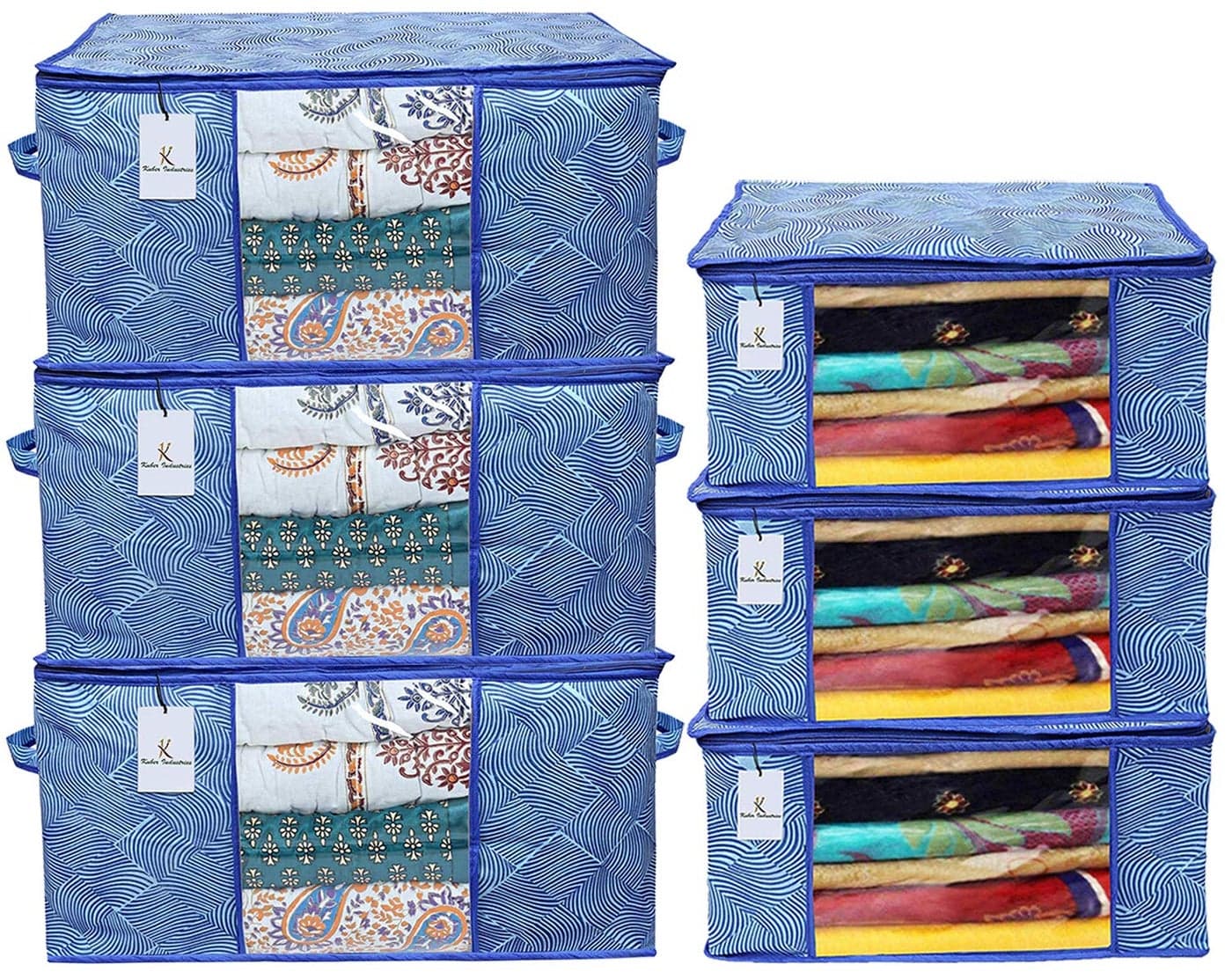 Kuber Industries Laheriya Printed Non Woven 3 Pieces Saree Cover and 3 Pieces Underbed Storage Bag Cloth Organizer for Storage Blanket Cover Combo Set Blue CTKTC038683