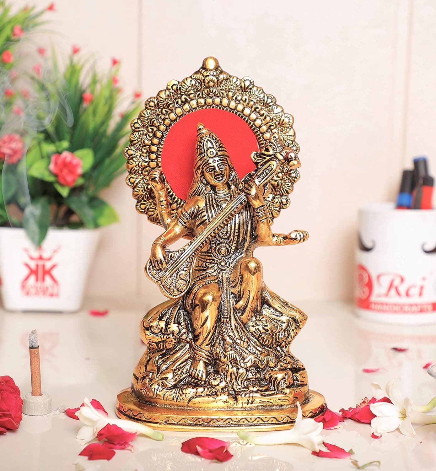 KridayKraft Gold Plated Maa Saraswati Metal StatueHindu Goddess Saraswati ji Murti for PoojaMeditationOfficeHomeStudy Table DecorativeShowpiece FigurinesReligious Idol Gift Article