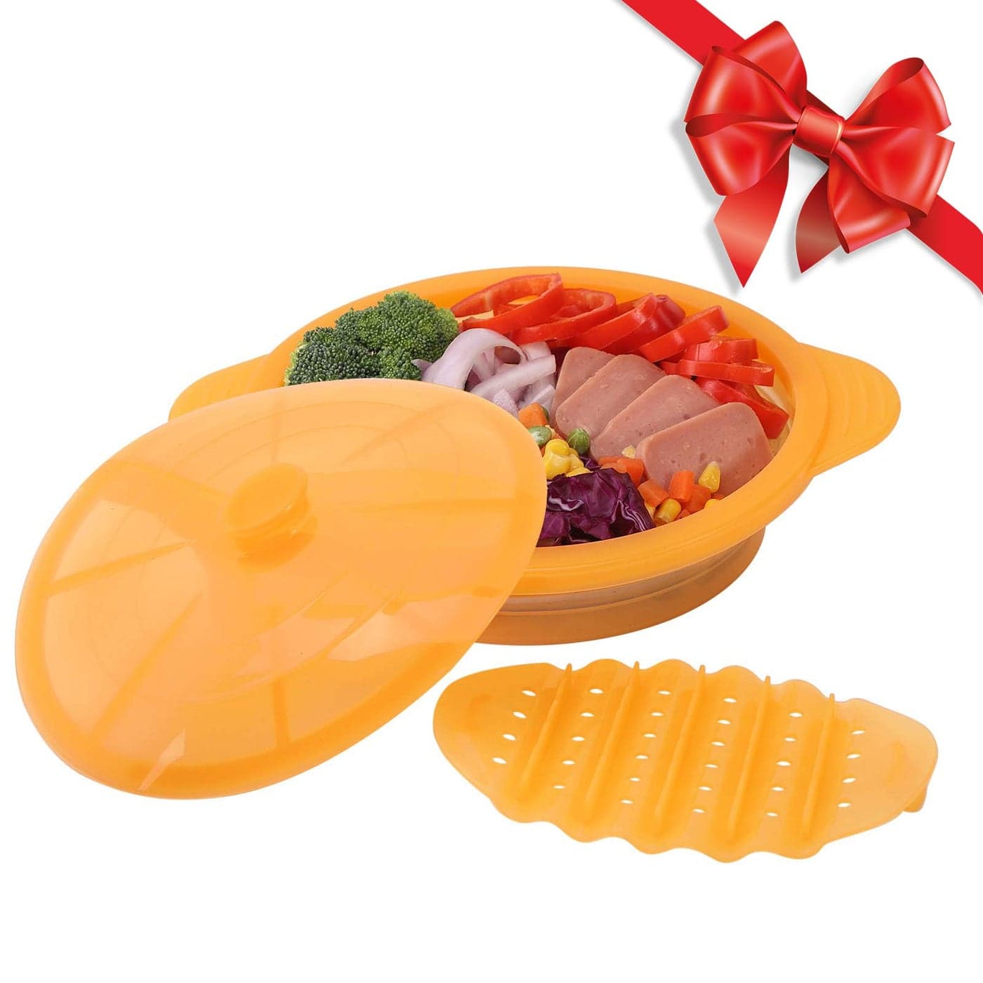 Microwave Steamer Cooker Collapsible BowlSilicone Steamer Cookware with Handle Lid for Vegetables Fish Prep Meal Food with Removable Rack BPA Free Easy to Store Freezer Dishwasher Safe Orange