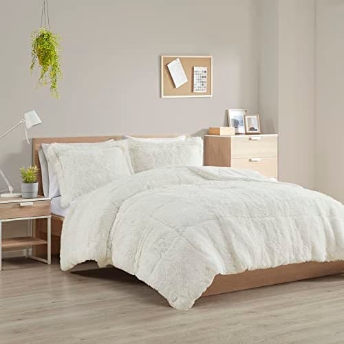 Intelligent Design Malea Shaggy Comforter Set Long Faux Fur Cozy Down Alternative Modern Casual Ultra Soft All Season Fluffy Bedding with Matching Sham FullQueen Ivory 3 Piece