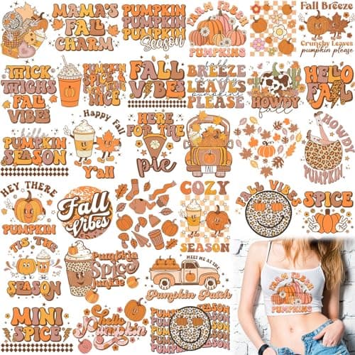 TecUnite 30 Pcs Fall Retro Iron On Transfer Patches Fall Cute Iron On Vinyl Decals for Jeans Fall Autumn Pumpkin DTF Heat Transfer Vinyl Stickers DIY Iron On Appliques for Clothing T Shirt Pillow Hat