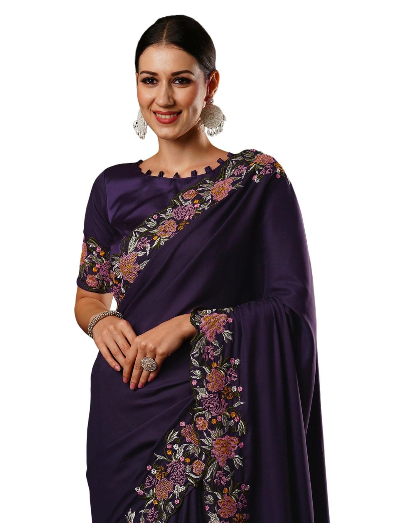 SIRIL Women's Satin Embroidery and Scalloped Border Saree with Unstitched blouse Piece (3922S536_Deep Purple)