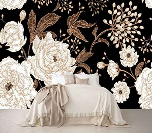 Reyhui Wall Mural Peonies and Roses Floral Vintage Wallpaper Seamless Gold White Flowers Wall Coverings for Living Room Bedroom Kids Room(Not Peel and Stick)