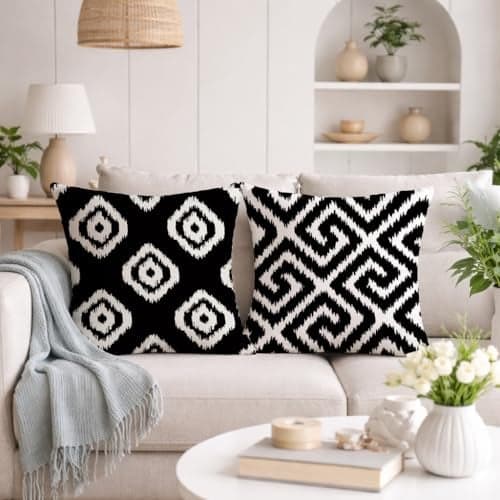 STITCHNEST Set of 2 Polycotton Cushion Covers – 24x24 Inches – Black & White Ikat Geometric Print – Elegant Cushion Covers for Sofa & Living Room | Perfect for Home Decor