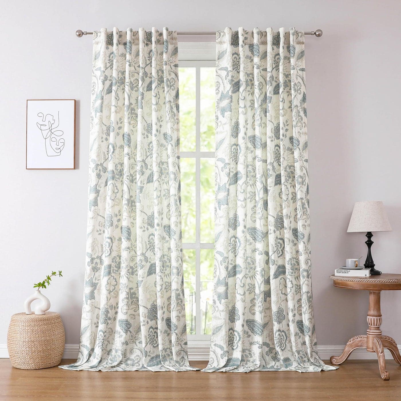 Kayne Studio Linen Textured Botanical Semi Sheer Curtains Blue Grey Floral Farmhouse Curtains for Living Room Bedroom Light Filtering Jacobean Curtain Panels Rod Pocket Back Tab52x952 Panels