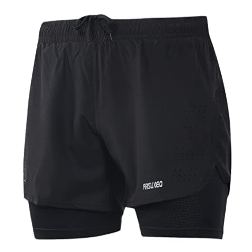 ARSUXEO Men's Active Training Running Shorts 2 in 1 Black Size Medium