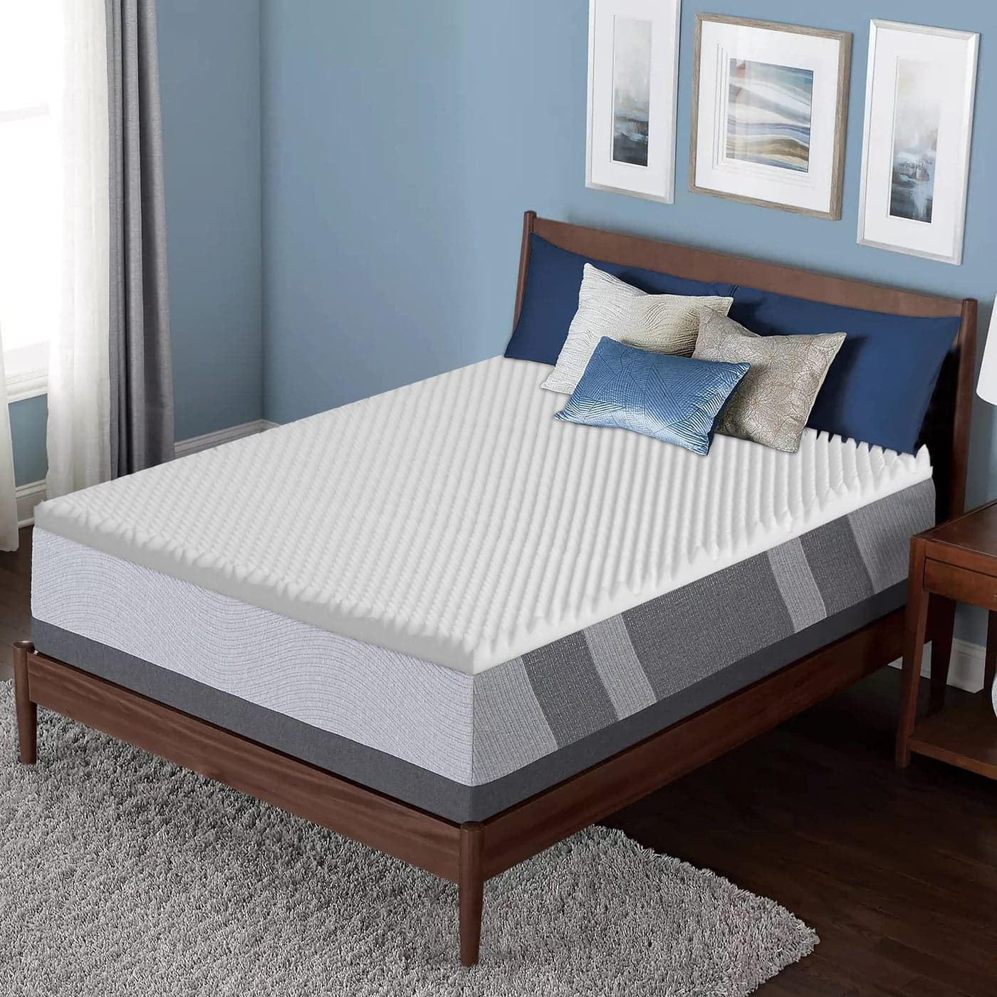 Nutan 2Inch Convoluted High Density Foam Mattress Topper CertiPURUS Certified for Superior Comfort and Support Queen White