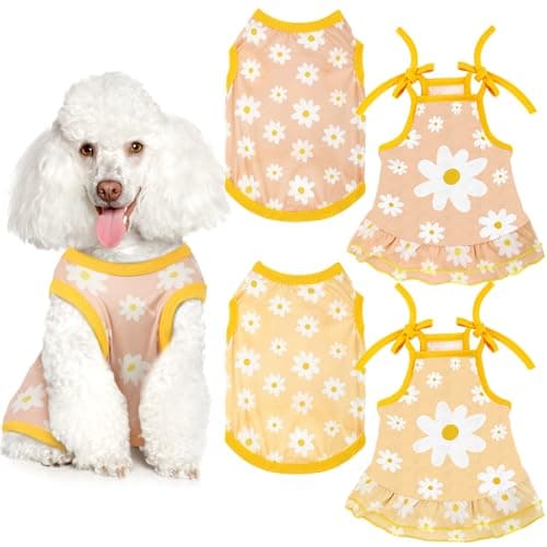 Frienda 4 Pieces Pet Clothes Set Include 2 Pieces Cute Pet Dress Lovely Dog Dress and 2 Pcs Breathable Dog T Shirt Puppy Clothes(Daisy,Small)